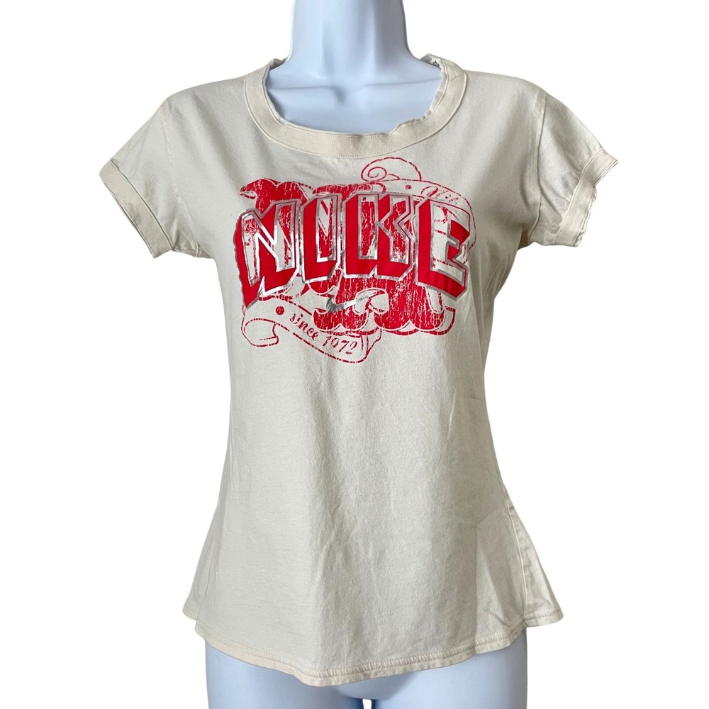 Vintage Y2K Nike Shirt Womens Medium Cream Red Graphic T-Shirt Raw Hem Cotton
